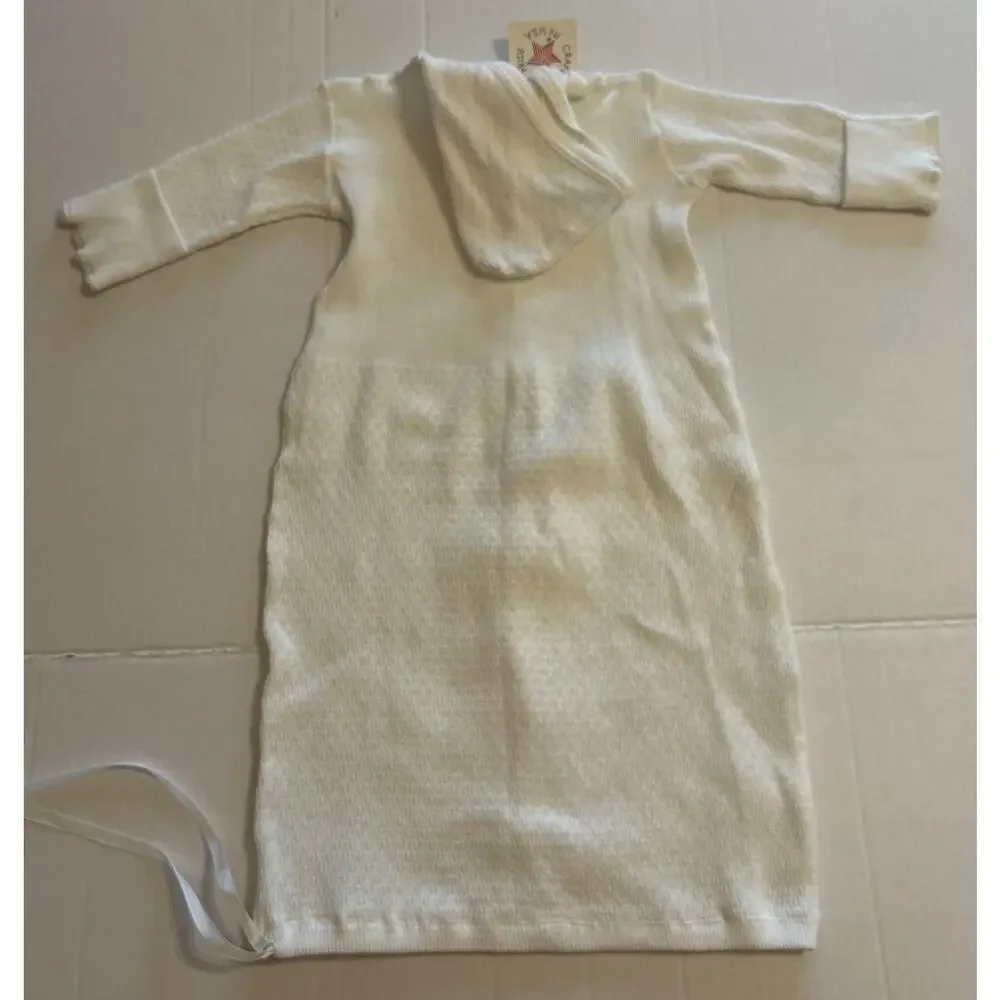 Vtg Paty Baby Gown White Size 6 Months Lace Knit Ribbon‎ Tie Hooded USA NOS